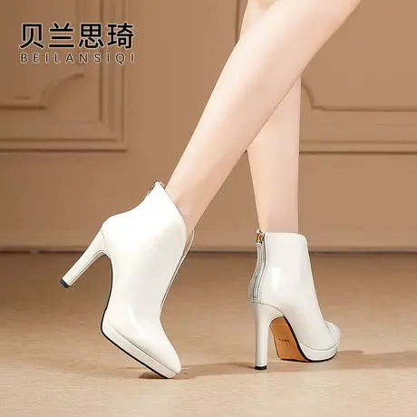 真皮尖头厚底细跟短靴女2023春秋季新款单靴子及踝靴防水台高跟鞋商品大图