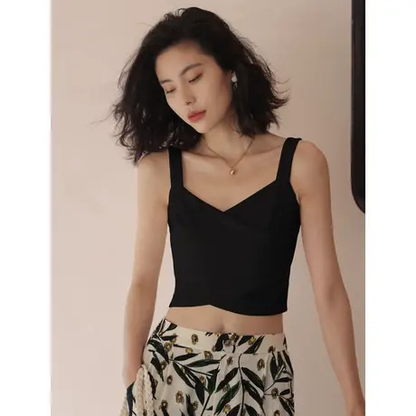 弥古黑色v领针织吊带背心女内搭打底宽肩带夏季外穿法式削肩上衣图片