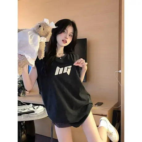 美式复古纯棉吊带运动坎肩背心无袖t恤女夏外穿宽松港风挂脖上衣商品大图