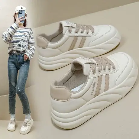 厚底面包鞋女2024年春季新款超软超轻系带板鞋女百搭圆头运动鞋商品大图