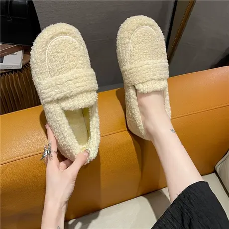 冬季加绒保暖厚底毛毛鞋女外穿平底一脚蹬豆豆鞋防滑软底棉鞋瓢鞋商品大图