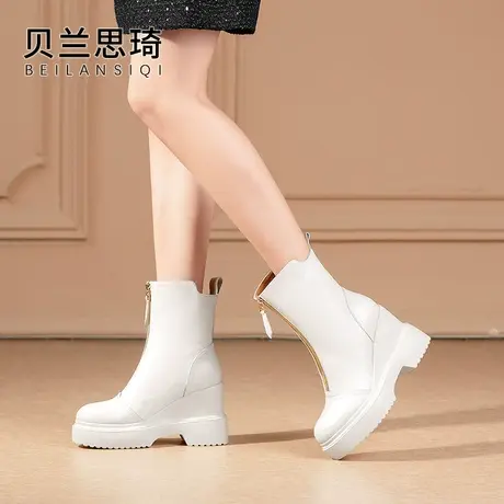 真皮圆头厚底坡跟短靴女2023秋冬季新款加绒防水台高跟马丁靴子图片