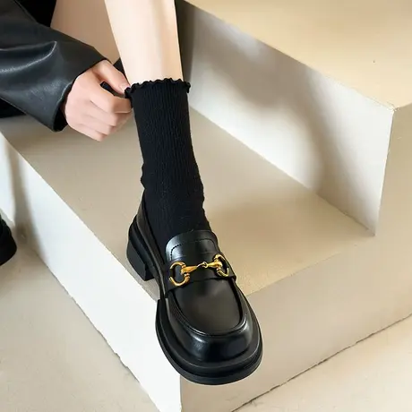 厚底乐福鞋女春季2024新款一脚蹬女鞋黑色小皮鞋英伦风jk单鞋子女图片