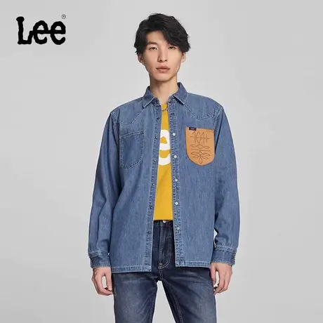 Lee商场同款24早春新品舒适版PU口袋拼接中蓝色男长袖牛仔衬衫潮商品大图