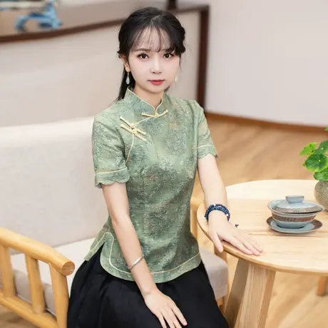 筠雅唐装女中国风改良旗袍上衣夏季短袖复古时尚中式盘扣外套女装商品大图