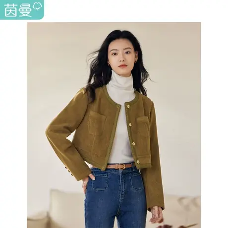 茵曼田园复古小香风坑条灯芯绒短外套2023冬女装新款圆领显高上衣图片