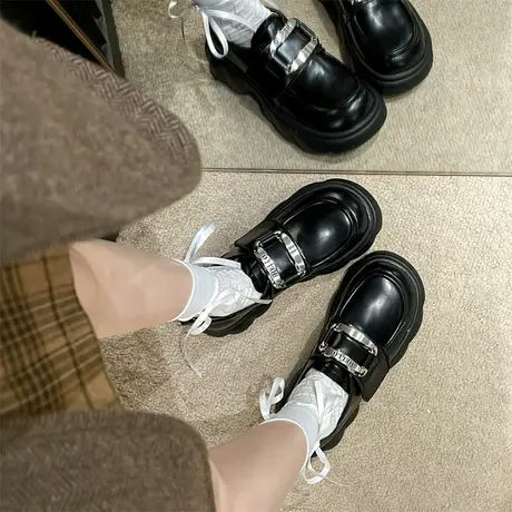 小皮鞋女2024年新款魔术贴厚底增高小个子黑色单鞋复古英伦乐福鞋商品大图
