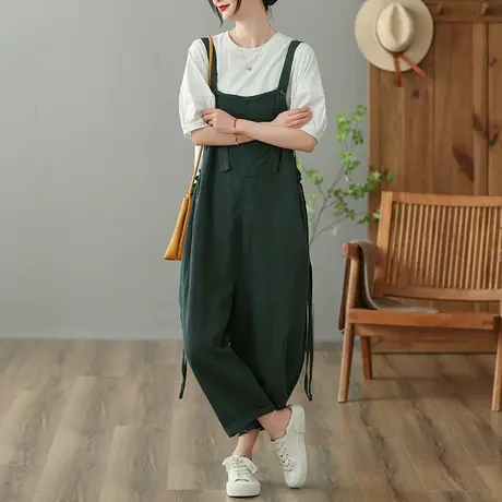 dza 高腰显瘦苎麻背带裤女2023夏季休闲阔腿裤减龄百搭棉麻连体裤图片