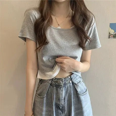 ins超火设计感短袖T恤女夏韩版潮网红学生假两件短款高腰修身上衣图片