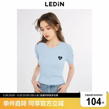 乐町清甜风泡泡袖针织衫秋季新款圆领修身短袖干爽针织上衣图片