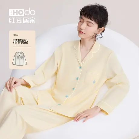 红豆带胸垫睡衣女夏季薄款柔软棉短袖长裤套装女士大码凉感家居服图片