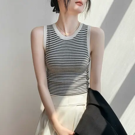 歌倍尚撞色条纹圆领背心女2025夏季新款修身外穿别致内搭无袖上衣商品大图