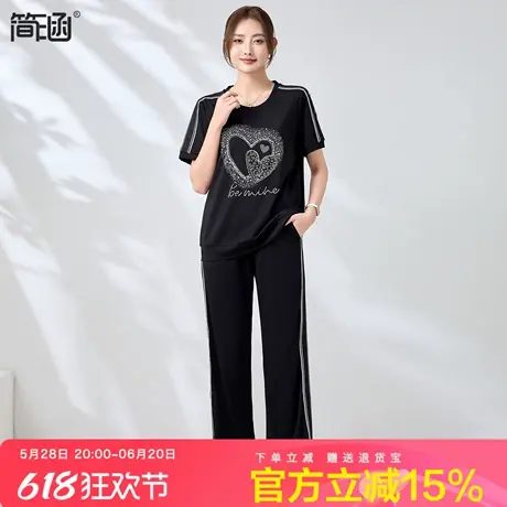 简涵大码薄款运动休闲短袖套装2025夏季新款胖MM宽松直筒裤两件套商品大图