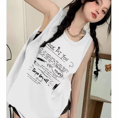 纯棉吊带运动背心无袖t恤女夏季外穿高级感慵懒风宽松篮球服上衣图片