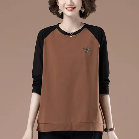 春秋新款加肥加大码女装长袖t恤百搭宽松休闲纯棉拼接显瘦打底衫商品大图