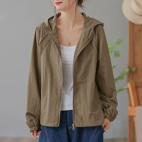 dza 复古纯色短款连帽拉链休闲外套女士春秋新款宽松显瘦长袖上衣图片