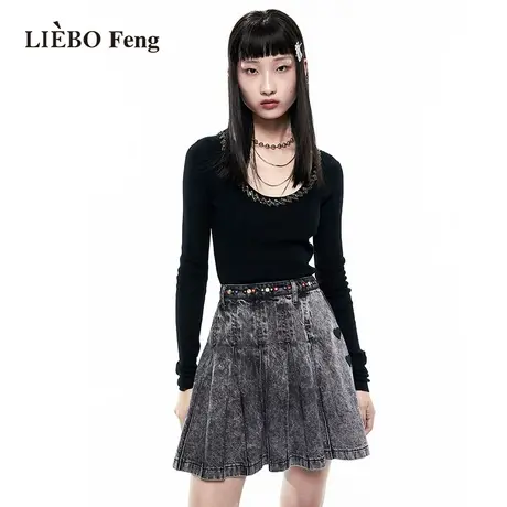 裂帛LIEBOFeng设计师简约通勤黑色手工缝钻修身圆领打底针织衫女图片