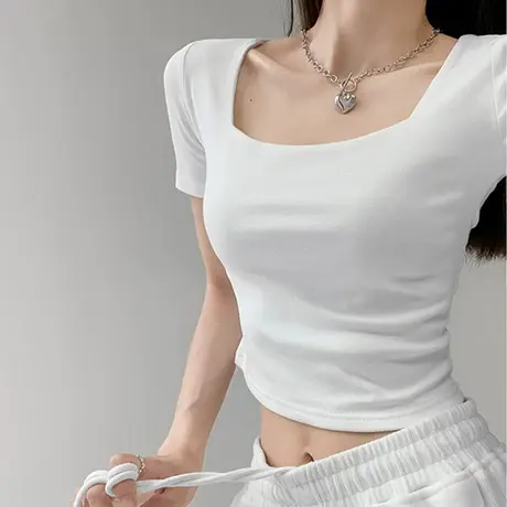 设计感chic短袖T恤女夏季方领打底衫辣妹修身短款露脐别致上衣潮图片