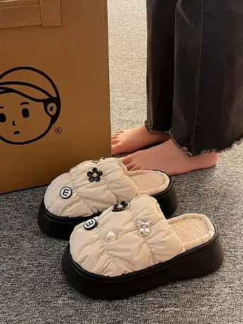 网红泡芙棉拖鞋女冬季厚底少女心室内可外穿防滑加绒面包仙女拖鞋商品大图