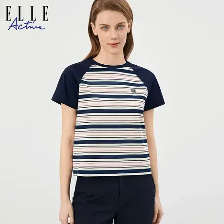 【花花推荐】ELLE Active条纹撞色短袖显瘦遮肉打底衫短款t恤女商品大图