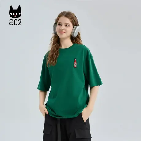 a02黑猫系列纯棉宽松圆领短袖T恤女2025新款秋季绿色上衣通勤穿搭图片