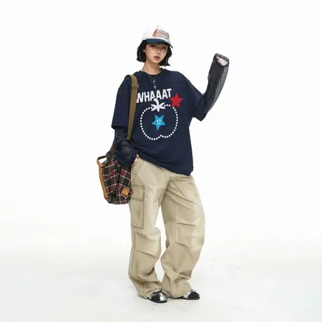 美式潮牌网纱拼接假两件设计长袖T恤女秋季新款宽松显瘦套头上衣商品大图