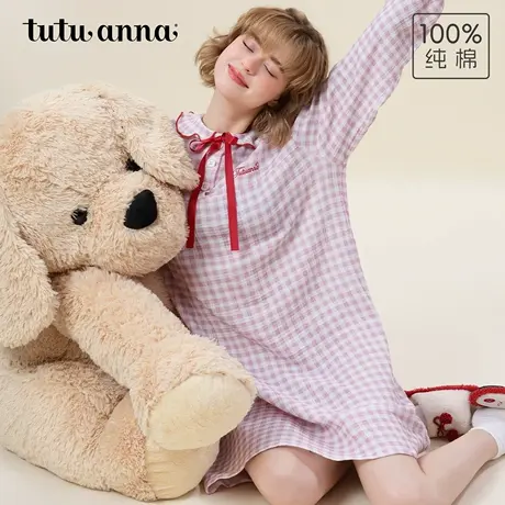 tutuanna秋季全棉睡衣女 双层纱小花满印娃娃领长袖睡裙家居服女商品大图