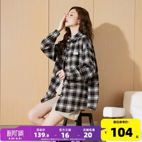 2024秋冬新款黑色格子衬衫女唐狮爆款百搭格子外套女宽松学院风商品大图
