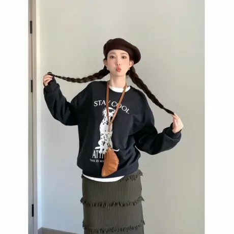 美式小众圆领卫衣女早秋季2025新款斑点狗印花慵懒风宽松长袖上衣商品大图