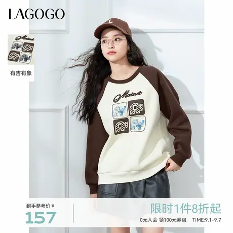 LAGOGO插肩袖撞色卫衣女拉谷谷2024年冬季新款圆领套头加绒上衣图片
