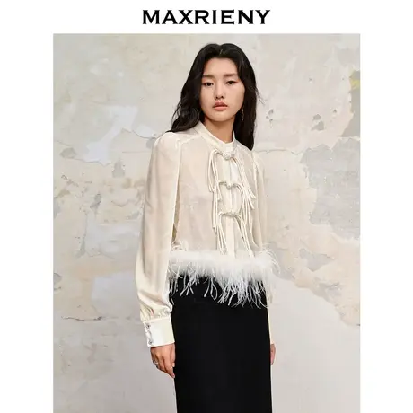 【商场同款】MAXRIENY新中式廓形流苏盘扣丝绒衬衫23秋冬新款上衣图片