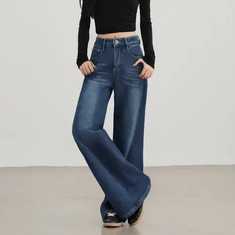 唐狮秋冬加绒牛仔裤女休闲百搭高级感保暖直筒裤高腰显瘦TD图片