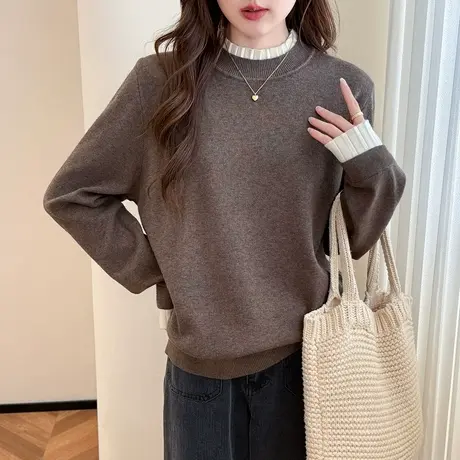 唐狮秋冬撞色设计假两件套头毛衣女高级感气质减龄女式针织衫TM图片