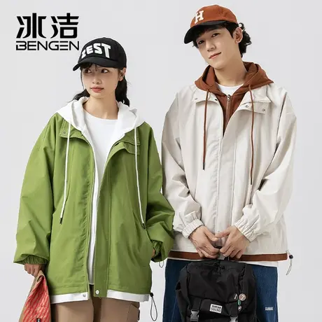 冰洁假两件夹克女2023秋季拼接纯色工装潮流情侣休闲连帽外套MYY商品大图