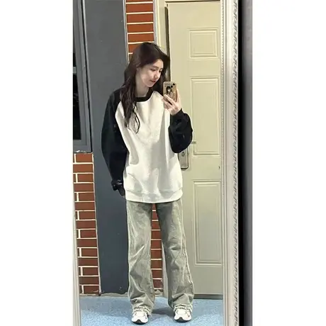 撞色插肩袖卫衣女2023新款秋冬加绒加厚宽松慵懒风设计感上衣外套商品大图