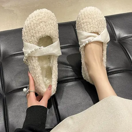 网红毛毛鞋女外穿秋冬2023新款棉鞋保暖加绒羊羔毛平底豆豆鞋单鞋商品大图