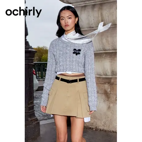 【品牌甄选】欧时力 慵懒风复古绞花毛衣23新款秋装圆领气质上衣-图片