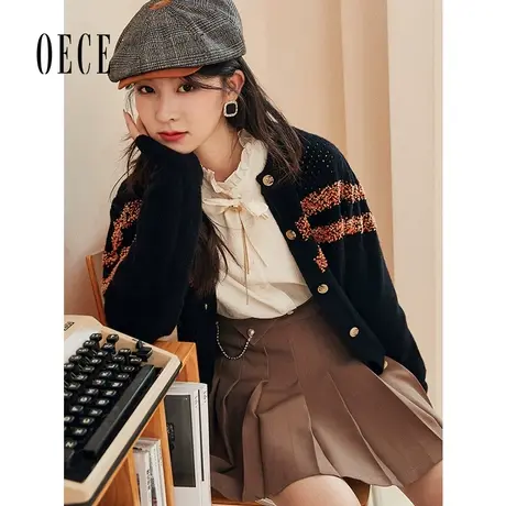 Oece复古毛衣开衫外套2022冬装新款女法式提花针织衫上衣图片