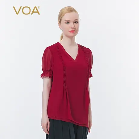 VOA真丝乔其酒红色V领灯笼袖木耳边褶皱双层不对称下摆桑蚕丝T恤图片