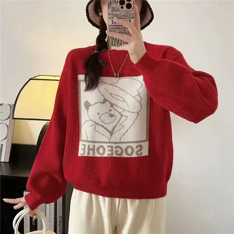 女士毛衣秋冬加厚圆领针织打底衫2023年新款韩版宽松女上衣秋外穿商品大图