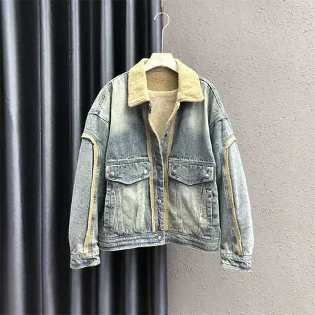 港风上衣女23秋冬新款浅蓝色复古做旧加绒设计感休闲百搭牛仔外套图片