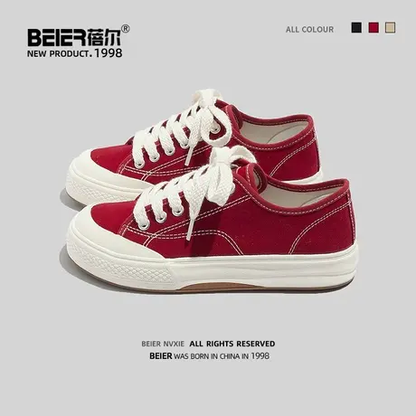 蓓尔复古红帆布鞋2023春夏女款厚底百搭休闲美式鞋软底酒红色板鞋商品大图