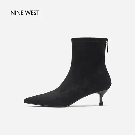 Nine West/玖熙软绒沙漏跟尖头短靴2023冬新款纯色职业通勤时装靴商品大图