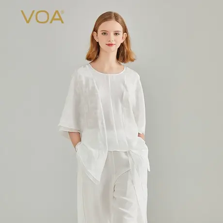 VOA珍珠白暗纹提花桑蚕丝圆领蝙蝠短袖尖角衣摆宽松款休闲真丝T恤图片