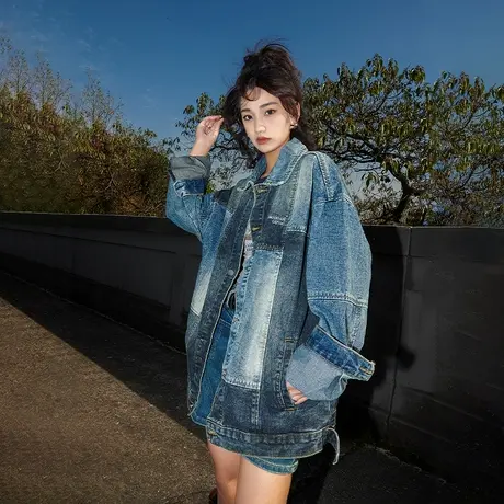 设计感拼接牛仔外套女2023初秋新款复古宽松春秋款夹克上衣ins潮商品大图