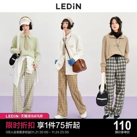 乐町格子直筒长裤休闲秋冬季复古灯芯绒压褶格纹裤女休闲裤拖地裤商品大图