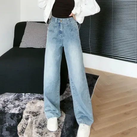 尔给浅蓝色宽松直筒牛仔裤女2023年新款夏款小个子梨形身材裤子商品大图