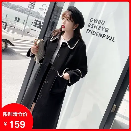 2021冬季新款胖mm黑色大衣女中长款翻领单排扣大码毛呢外套200斤商品大图