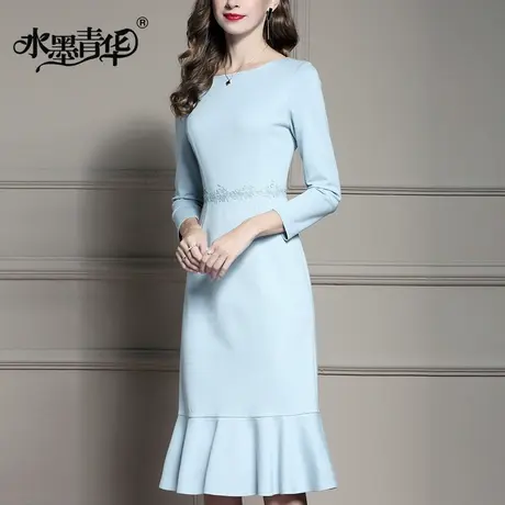 【1件7.9折】秋装新品简约修身一步裙气质优雅时尚荷叶边连衣裙图片