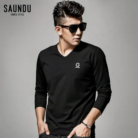 秋装长袖t恤男莫代尔修身V领打底衫简约秋季衣服体恤黑色小衫秋衣商品大图